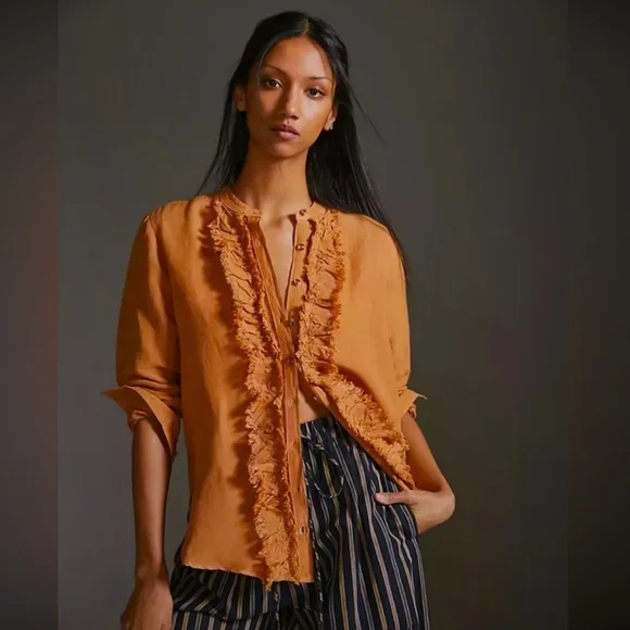Anthropologie Pilcro Ruffled Button-Up Top In Warm Honey - Picture 5 of 5